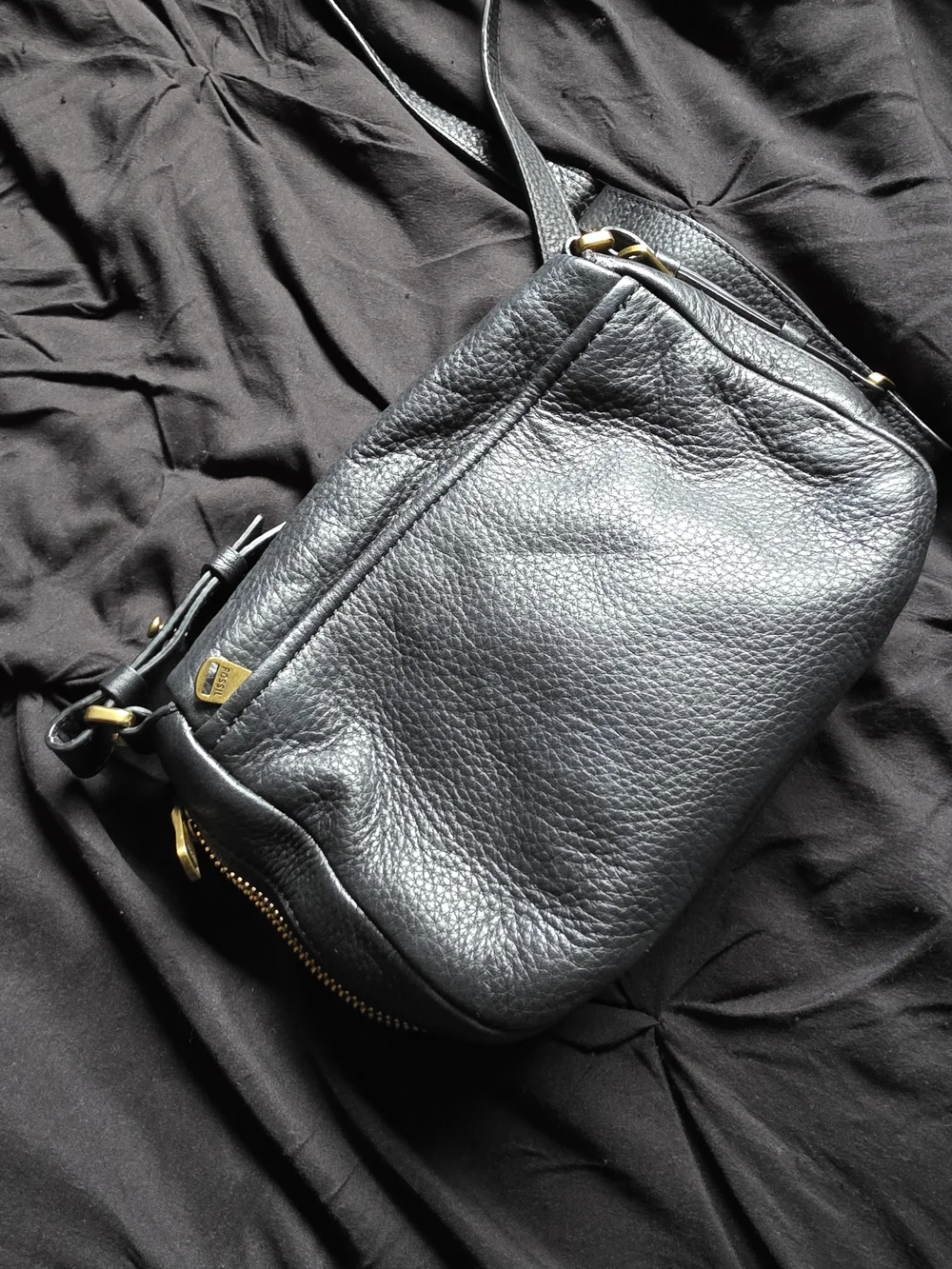 Fossil Black Pebbled Genuine Leather Preston Crossbody Bag